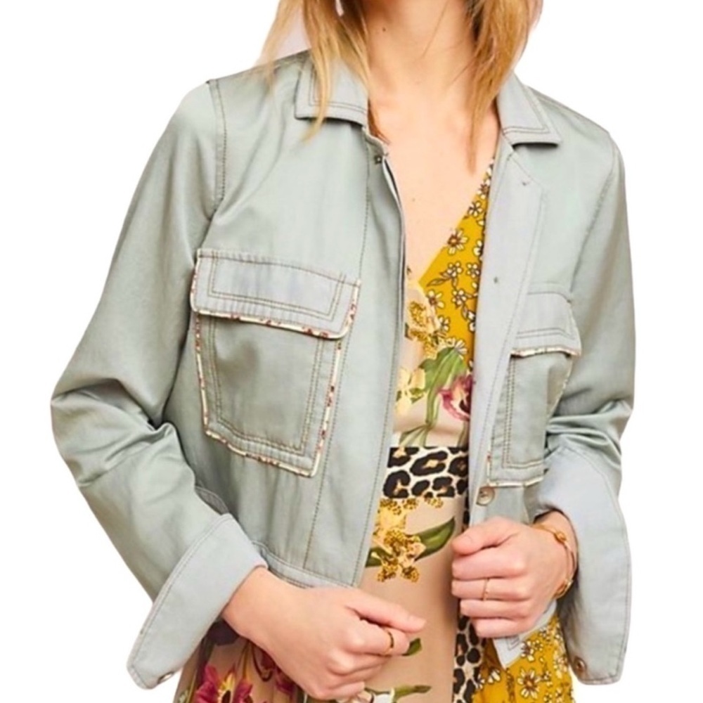 Anthropologie Piper Linen Blend Trucker Jacket Cropped Sz S